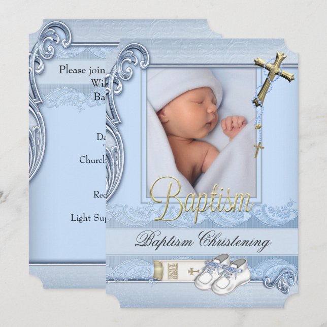Baptism Blue Gold Cross Boy Christening 2 Invitation (Front/Back)