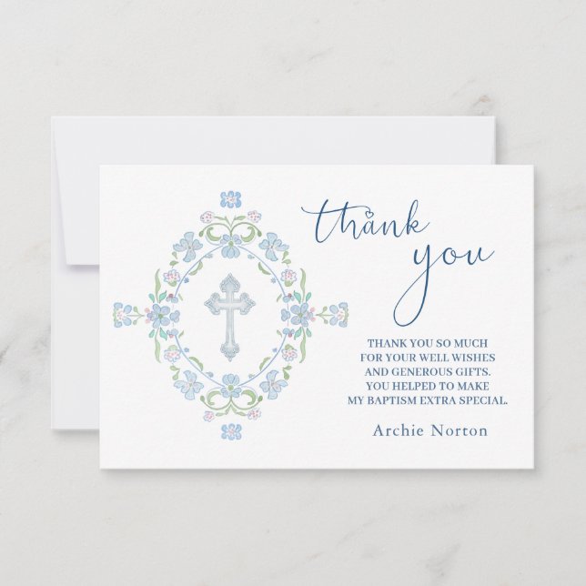 Baptism Blue Green Floral Thank You Card (Front)