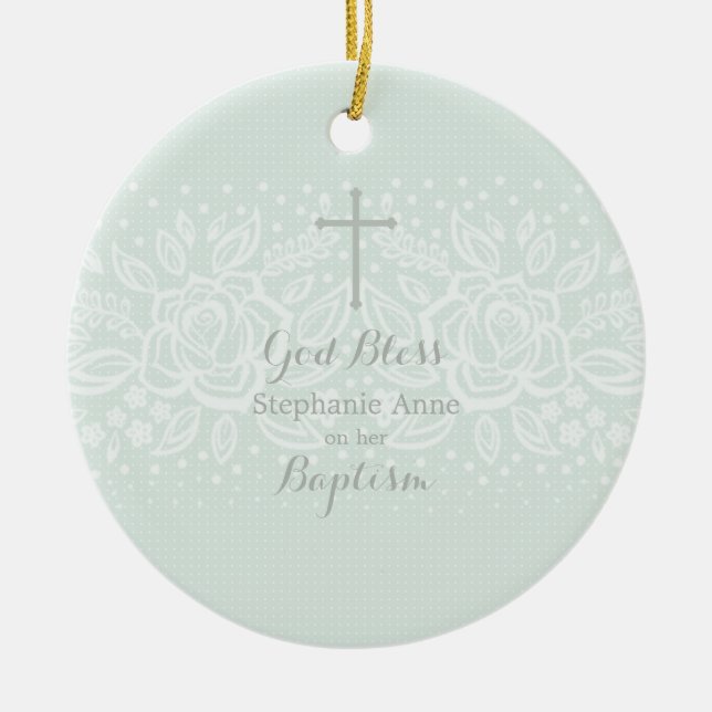 Baptism Blue Opal Delicate Floral Lace Ceramic Tree Decoration (Front)