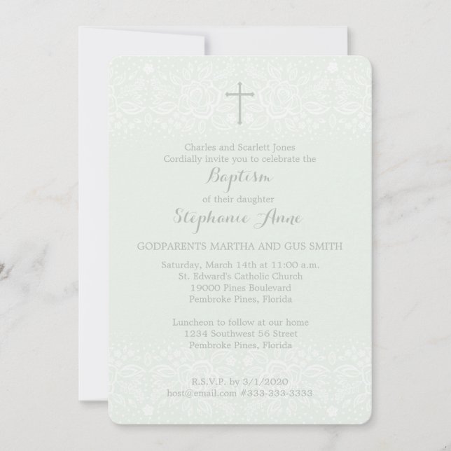 Baptism Blue Opal Delicate Floral Lace Invitation (Front)