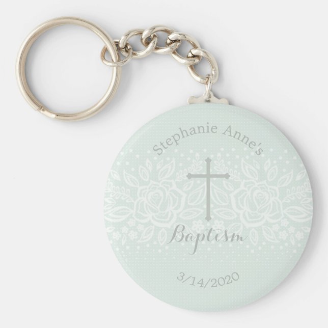 Baptism Blue Opal Delicate Floral Lace Key Ring (Front)