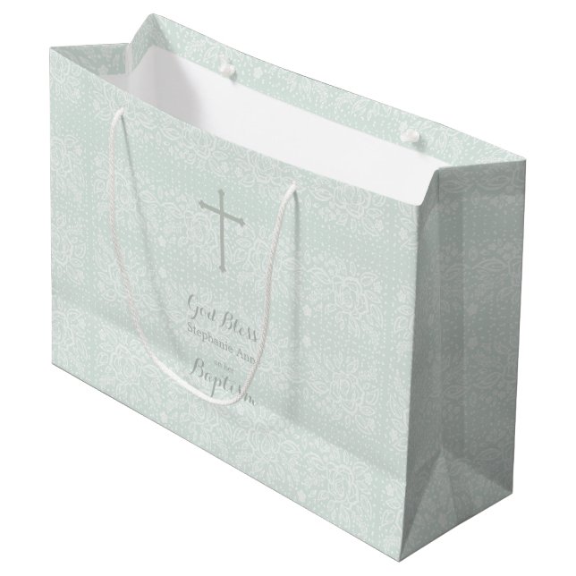 Baptism Blue Opal Delicate Floral Lace Large Gift Bag (Front Angled)