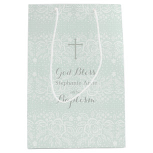 Baptism Blue Opal Delicate Floral Lace Medium Gift Bag