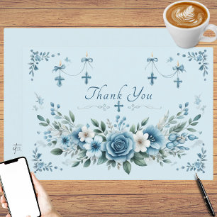 Baptism Blue Religious Cross Boys Thank You Card
