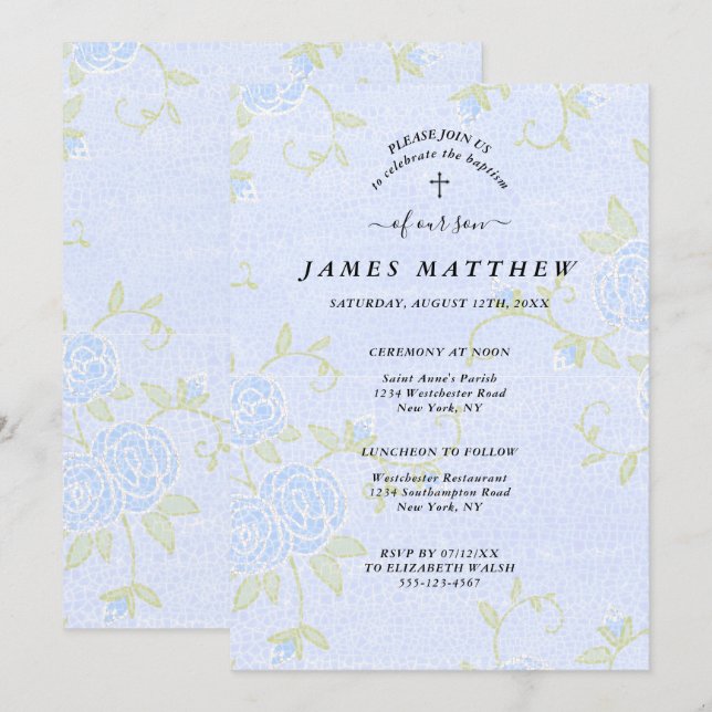 Baptism Blue Roses Floral Christian Invitation (Front/Back)