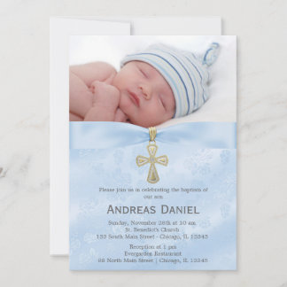 Baptism Blue Roses with photo Invitation