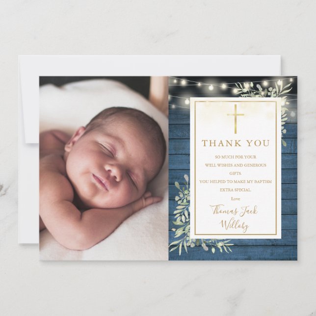 Baptism Blue Rustic String Lights Greenery Photo Thank You Card (Front)