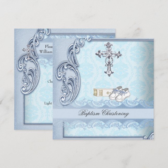 Baptism Blue Teal Cross Boy Damask christening Invitation (Front/Back)