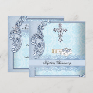 Baptism Blue Teal Cross Boy Damask christening Invitation