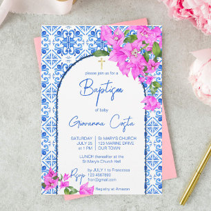 Baptism Blue Tiles and Bougainvillea elegant Invitation