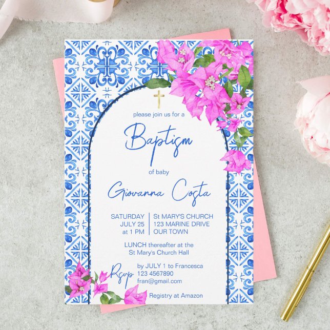 Baptism Blue Tiles and Bougainvillea elegant Invitation (Creator Uploaded)