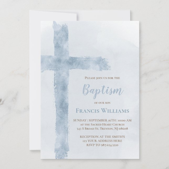 Baptism blue watercolor cross invitation (Front)