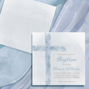 Baptism blue watercolor cross invitation