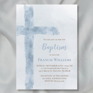 Baptism blue watercolor cross invitation