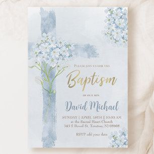 Baptism blue watercolor Hydrangea flowers cross Invitation