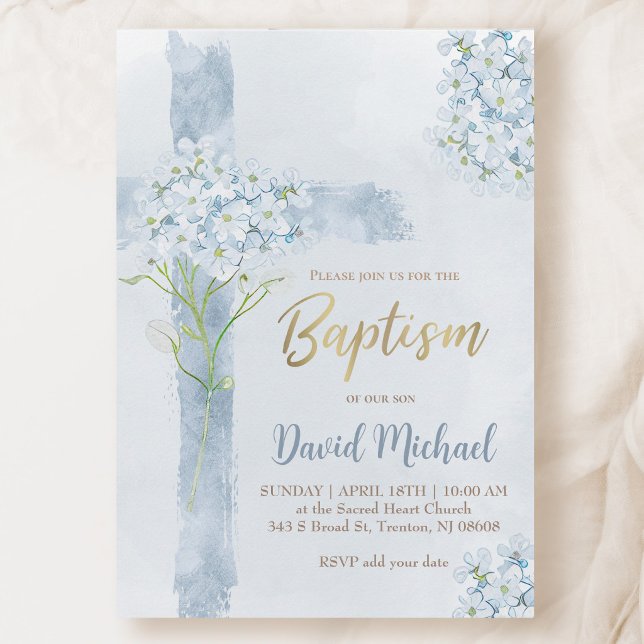 Baptism blue watercolor Hydrangea flowers cross Invitation (Creator Uploaded)