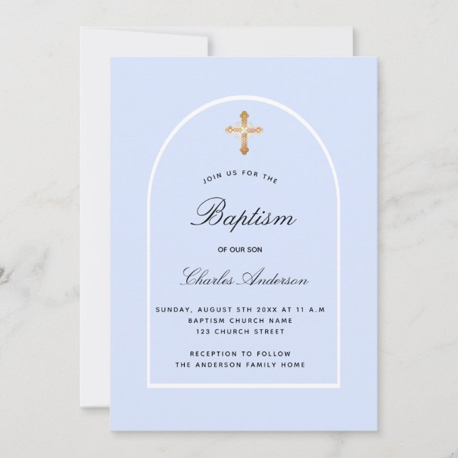 Baptism blue white baby boy arch invitation (Front)