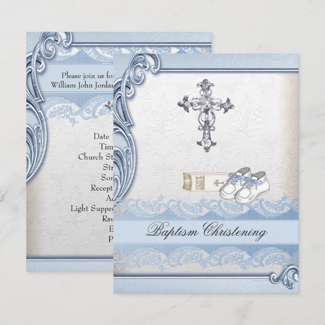 Baptism Blue White Cross Boy Damask christening Invitation (Front/Back)