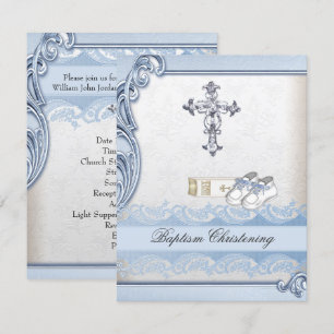 Baptism Blue White Cross Boy Damask christening Invitation