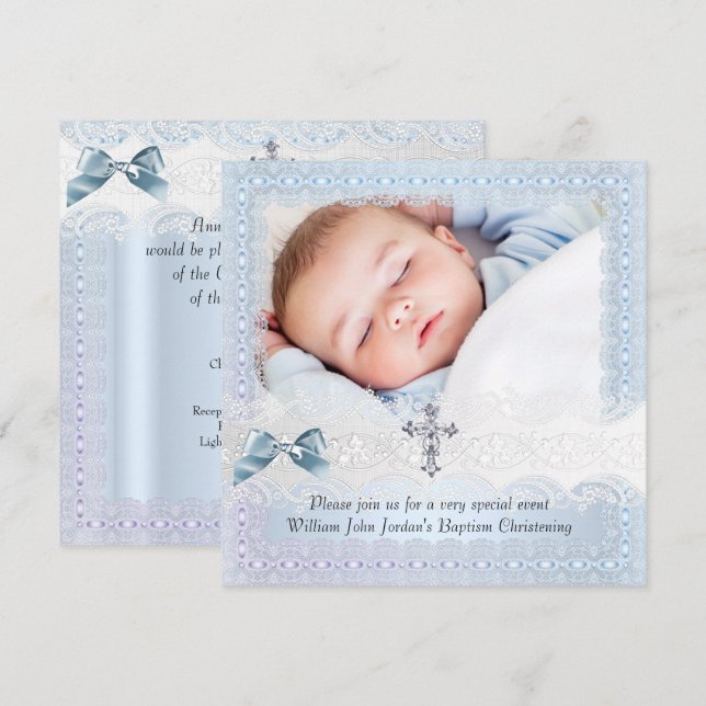 Baptism Blue White Lace Photo Jewel Cross Boy 2 Invitation (Front/Back)
