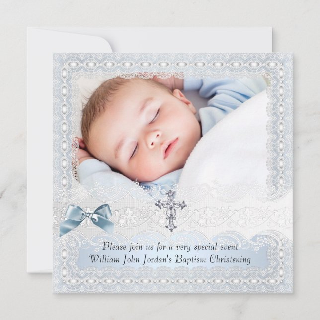 Baptism Blue White Lace Photo Jewel Cross Boy 3 Invitation (Front)