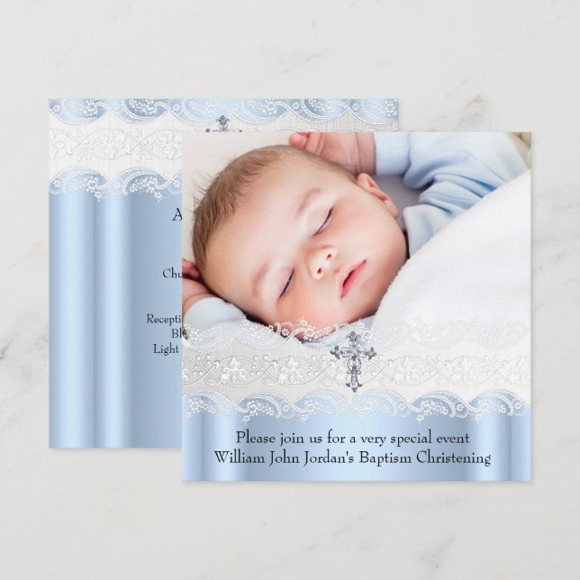 Baptism Blue White Lace Photo Jewel Cross Boy Invitation (Front/Back)
