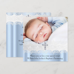 Baptism Blue White Lace Photo Jewel Cross Boy Invitation