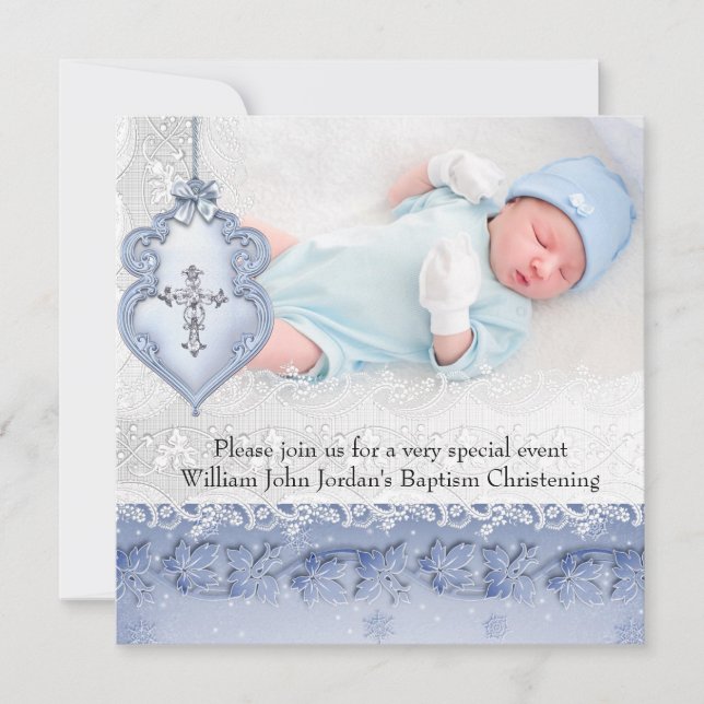 Baptism Blue White Lace Photo Jewel Cross Boy Invitation (Front)