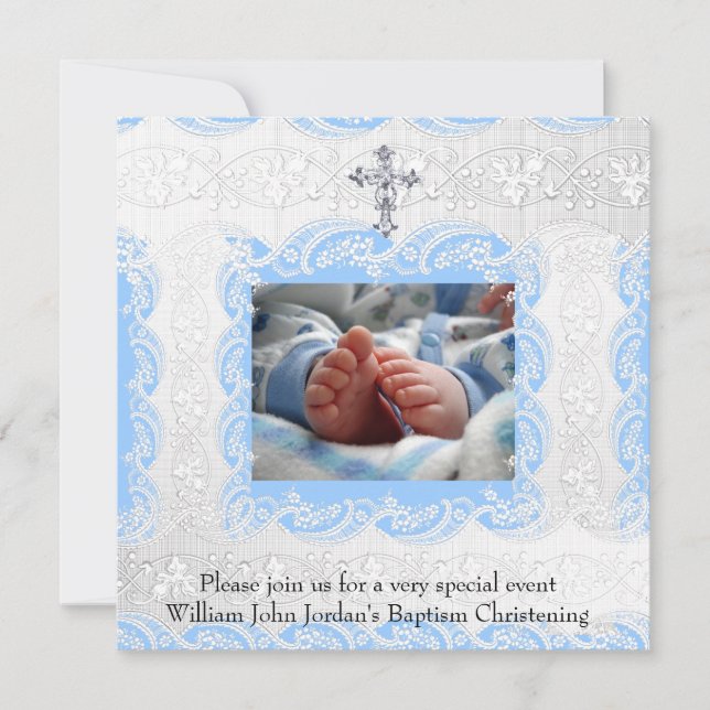 Baptism Blue White Lace Photo Jewel Cross Boy Invitation (Front)