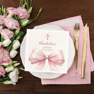 Baptism blush pink bow cream cross napkin