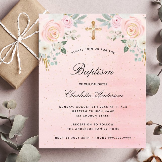 Baptism blush pink floral budget invitation flyer (Creator Uploaded)