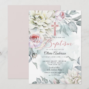 BAPTISM Blush Pink Floral Cross Invitation