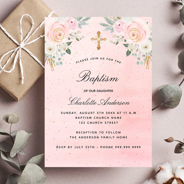 Baptism blush pink floral girl elegant invitation (Creator Uploaded)