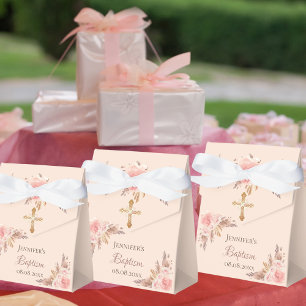 Baptism blush pink floral pampas grass rose gold favour box