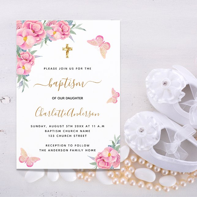 Baptism blush pink florals butterfly girl luxury invitation (Creator Uploaded)