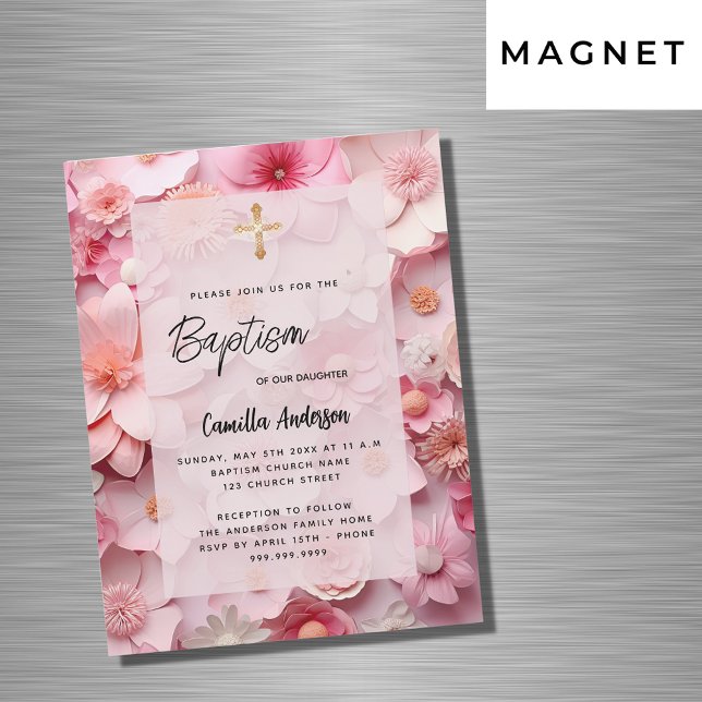 Baptism blush pink flowers baby girl luxury magnetic invitation (Creator Uploaded)