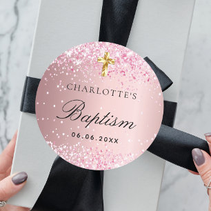 Baptism blush pink girl gold cross classic round sticker