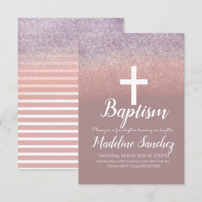 Baptism Blush Pink Glitter Dedication Christening Invitation (Front/Back)