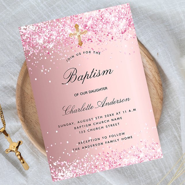 Baptism blush pink glitter girl cross luxury invitation (Creator Uploaded)
