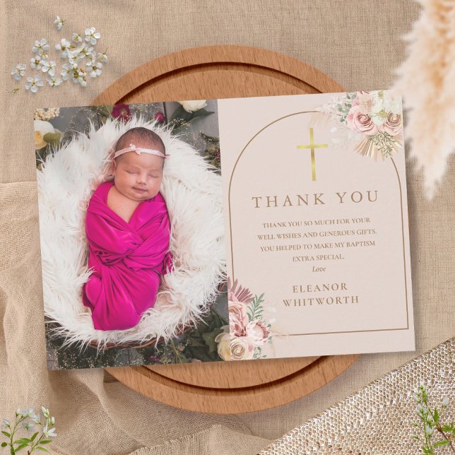 Baptism Blush Pink Gold Pampas Grass Photo Thank You Card (Creator Uploaded)