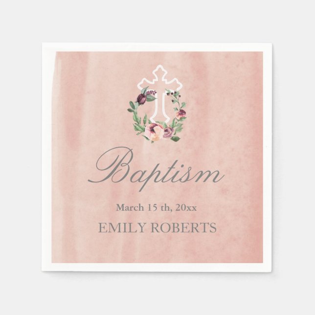 baptism blush pink marsala floral monogram napkin (Front)