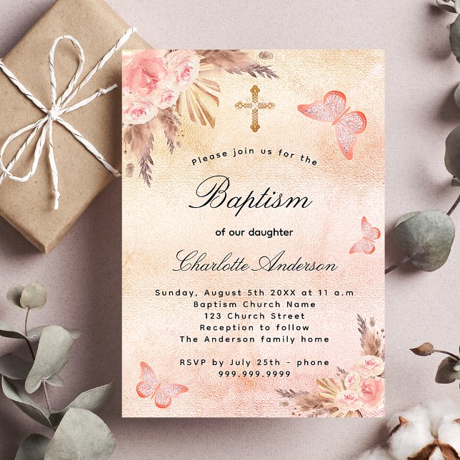 Baptism blush rose gold butterfly pampas grass invitation (Creator Uploaded)