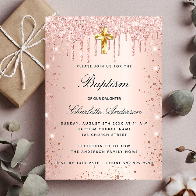 Baptism blush rose gold glitter drips girl luxury invitation (Creator Uploaded)