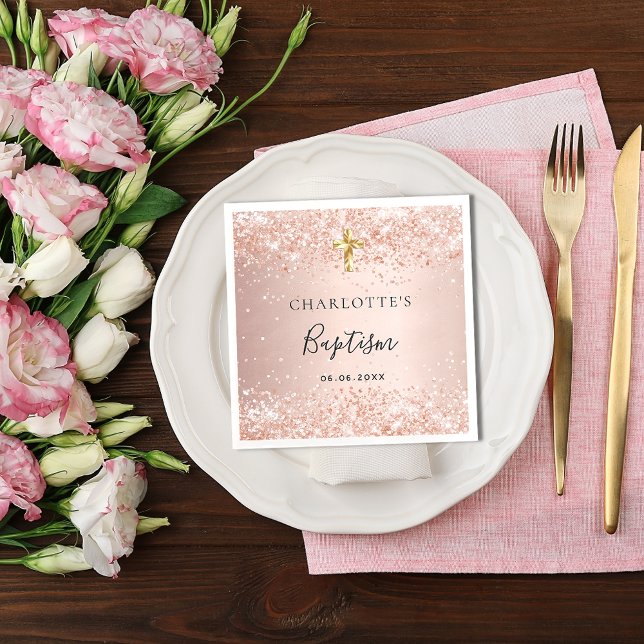 Baptism blush rose gold glitter name girl napkin (Creator Uploaded)