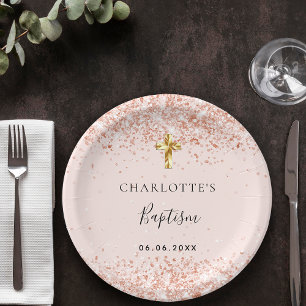Baptism blush rose gold glitter name girl paper plate