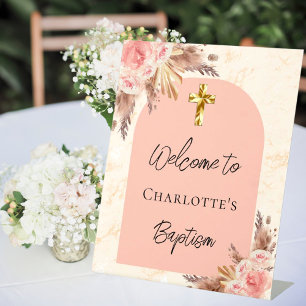 Baptism blush rose gold pampas grass arch welcome pedestal sign