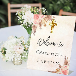 Baptism blush rose gold pampas grass cross welcome pedestal sign