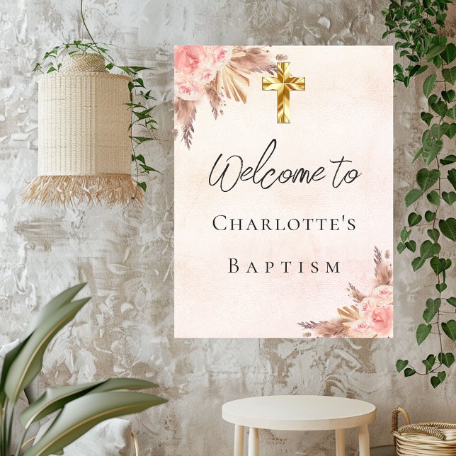 Baptism blush rose gold pampas grass cross welcome poster (Creator Uploaded)