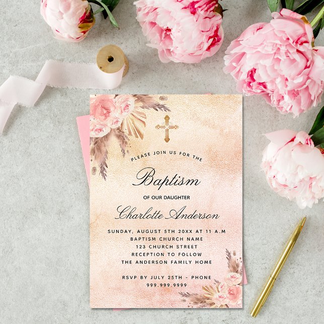 Baptism blush rose gold pampas grass floral invitation (Creator Uploaded)