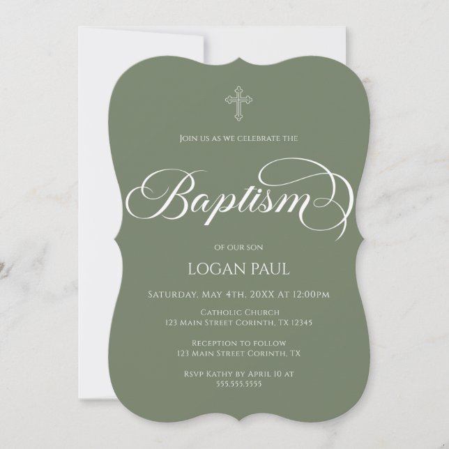 Baptism boho modern Green Invitation (Front)